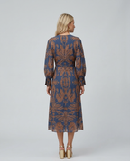 Women's Printed Midi Dress with Tie Waist and V-Neck - 6