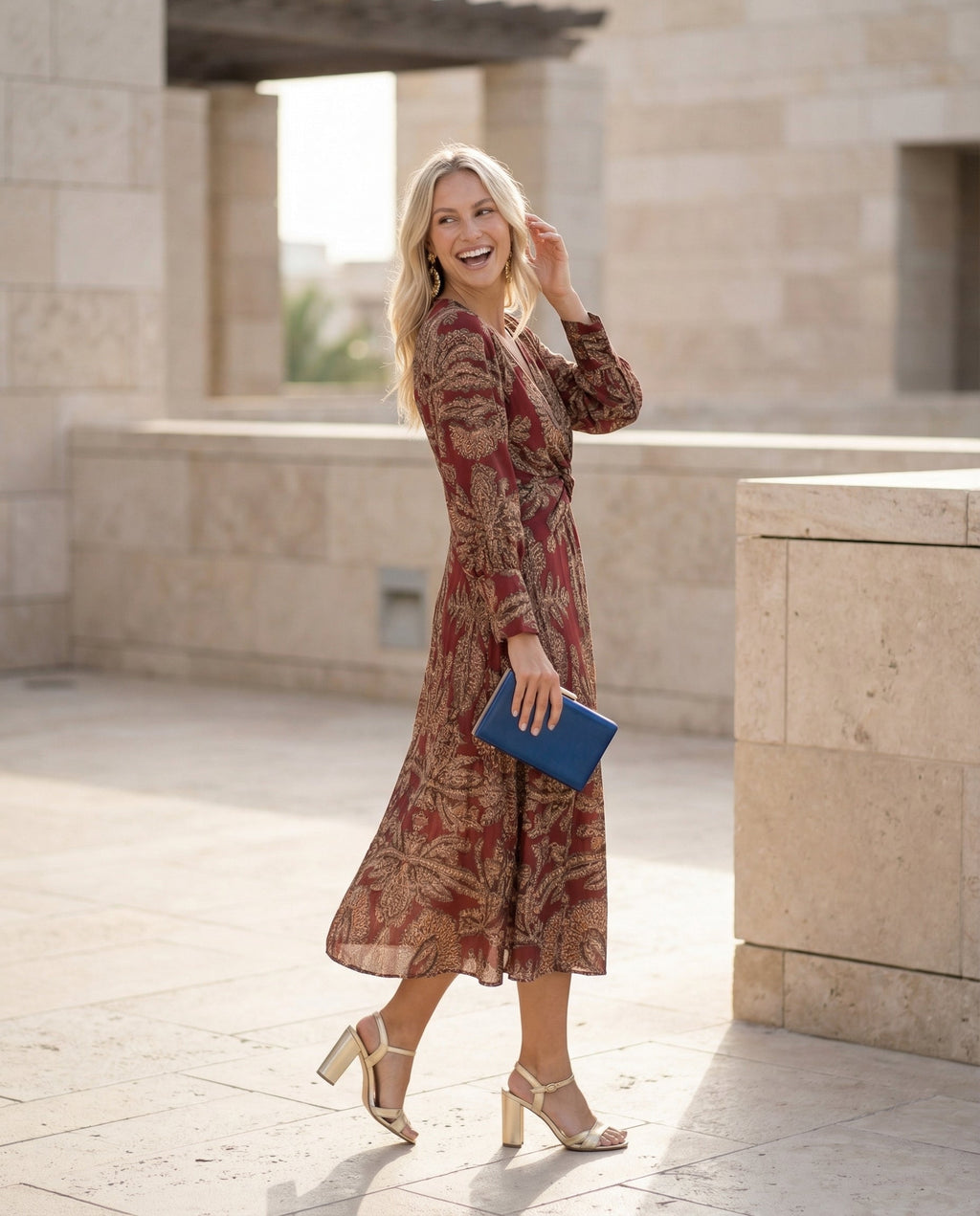 Women's Printed Midi Dress with Tie Waist and V-Neck - 12