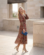 Women's Printed Midi Dress with Tie Waist and V-Neck - 12