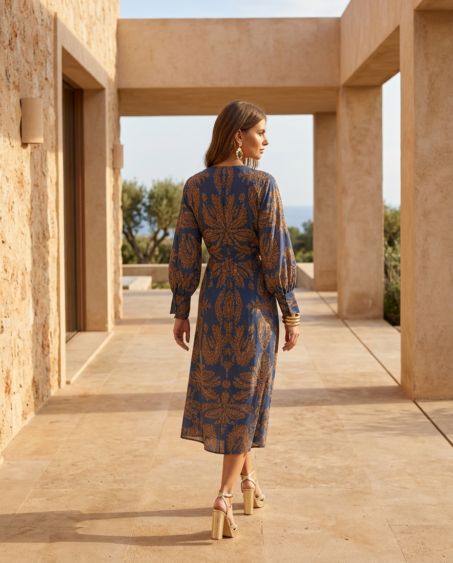 Women's Printed Midi Dress with Tie Waist and V-Neck - 5
