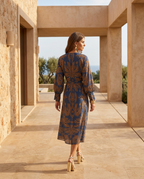 Women's Printed Midi Dress with Tie Waist and V-Neck - 5