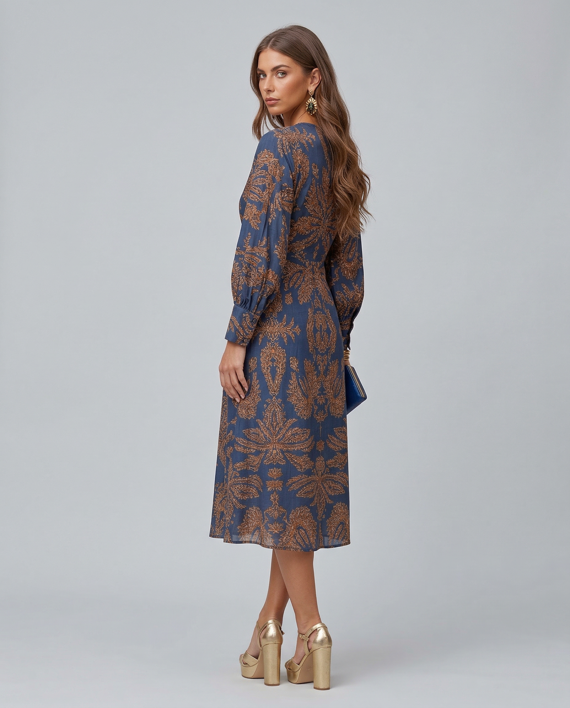 Women's Printed Midi Dress with Tie Waist and V-Neck - 3