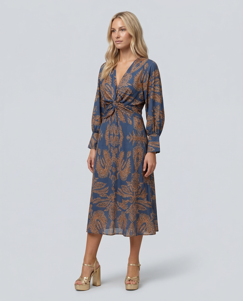 Women's Printed Midi Dress with Tie Waist and V-Neck - 7