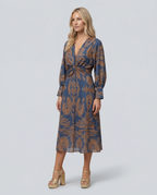 Women's Printed Midi Dress with Tie Waist and V-Neck - 7