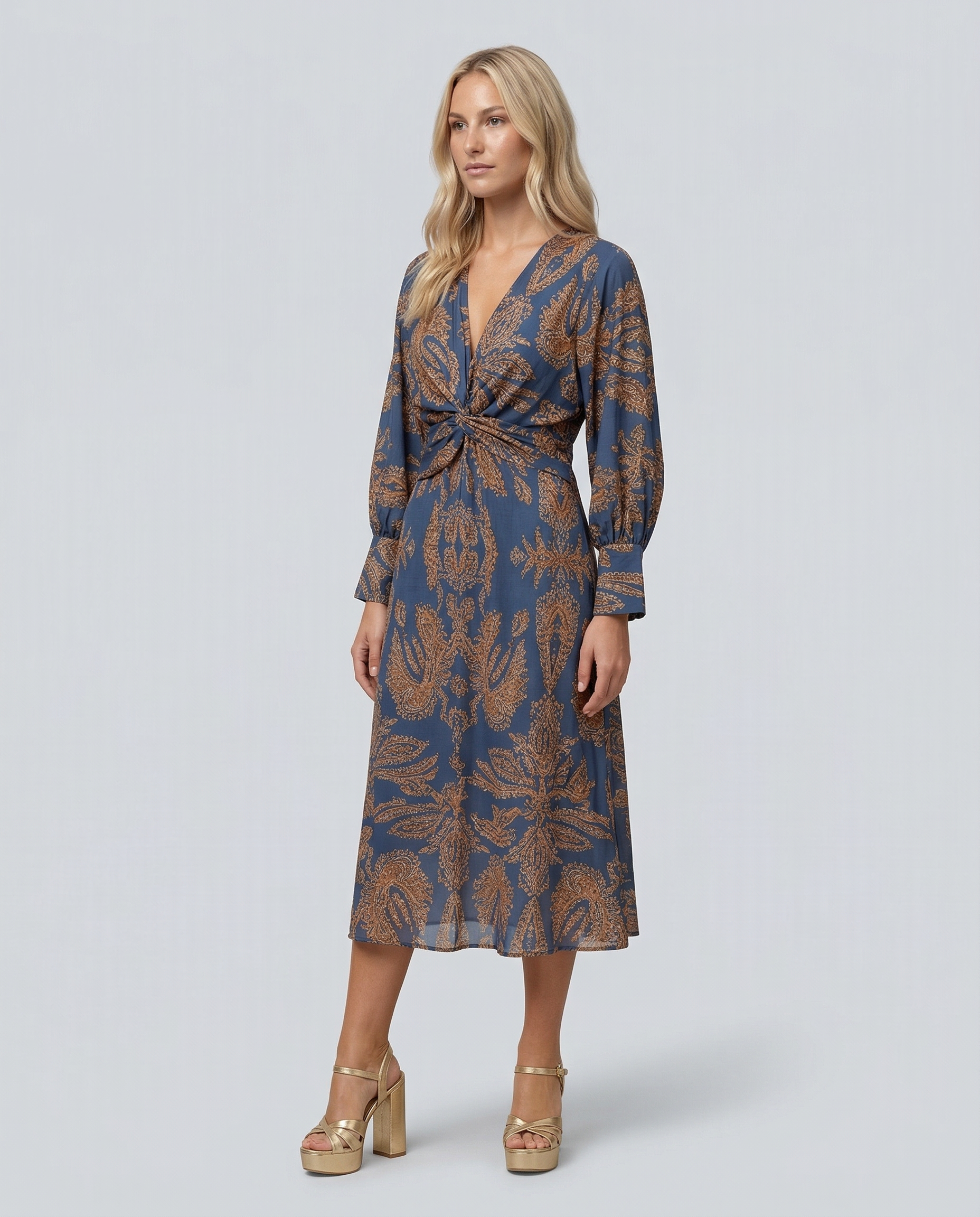 Women's Printed Midi Dress with Tie Waist and V-Neck - 7