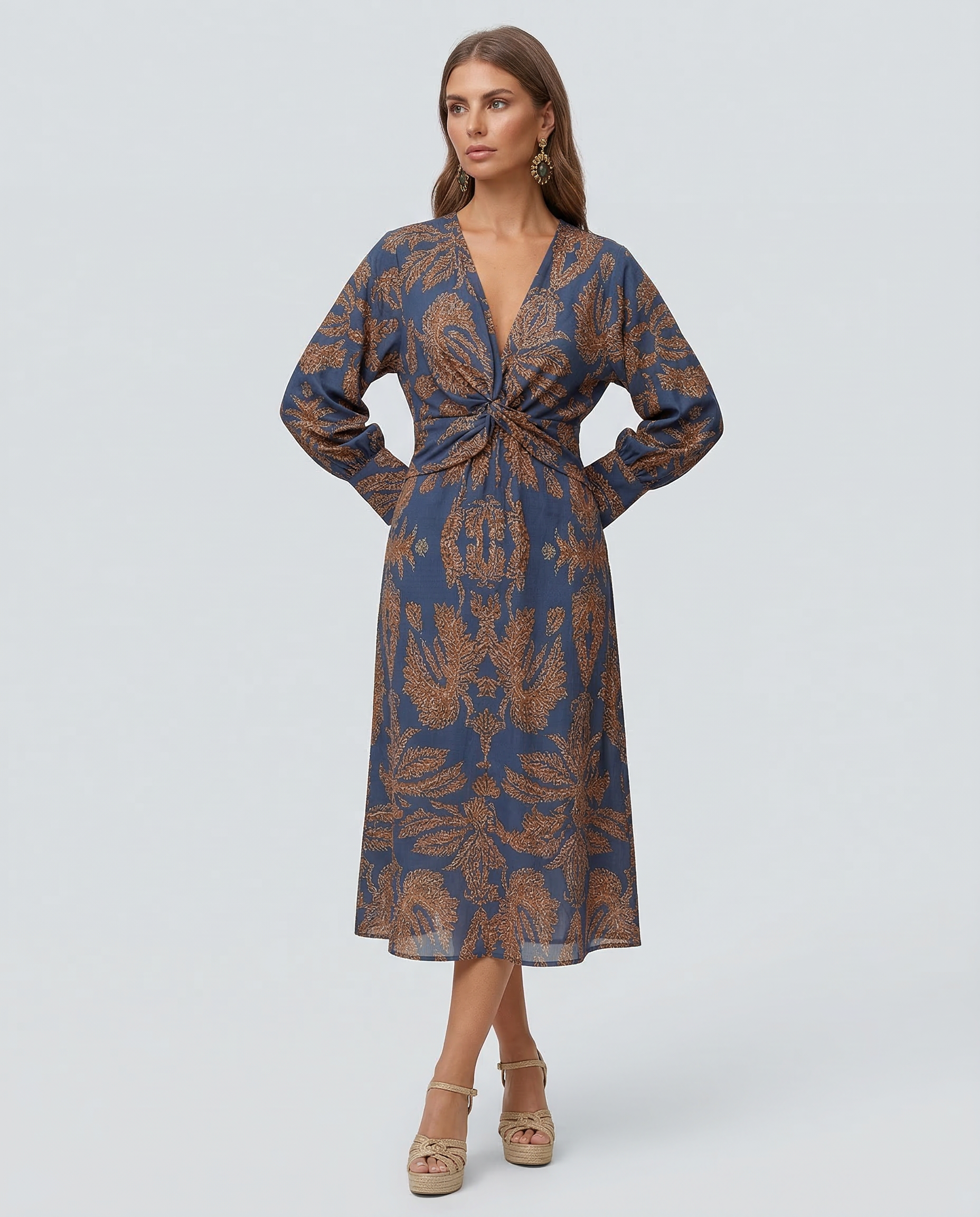 Women's Printed Midi Dress with Tie Waist and V-Neck - 2