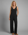 Women's Sleeveless Jumpsuit with V-Neck and Wide-Leg Silhouette - Black