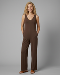 Women's Sleeveless Jumpsuit with V-Neck and Wide-Leg Silhouette - Brown