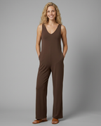 Women's Sleeveless Jumpsuit with V-Neck and Wide-Leg Silhouette - Brown
