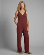 Women's Sleeveless Jumpsuit with V-Neck and Wide-Leg Silhouette - Red