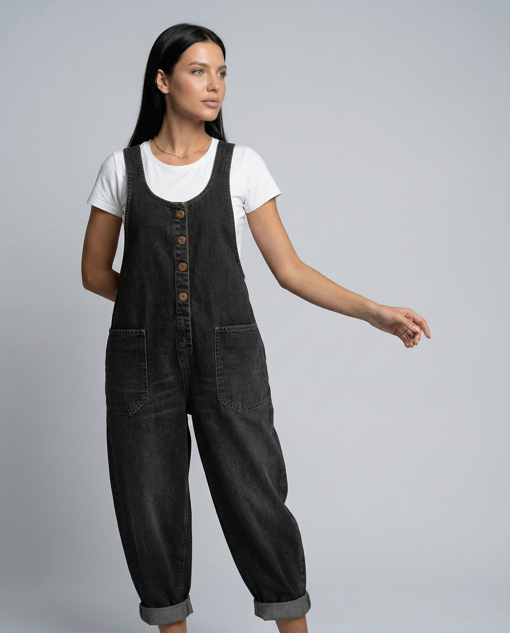 Women's Denim Jumpsuit Sleeveless with Button Front and Tapered Leg - 11