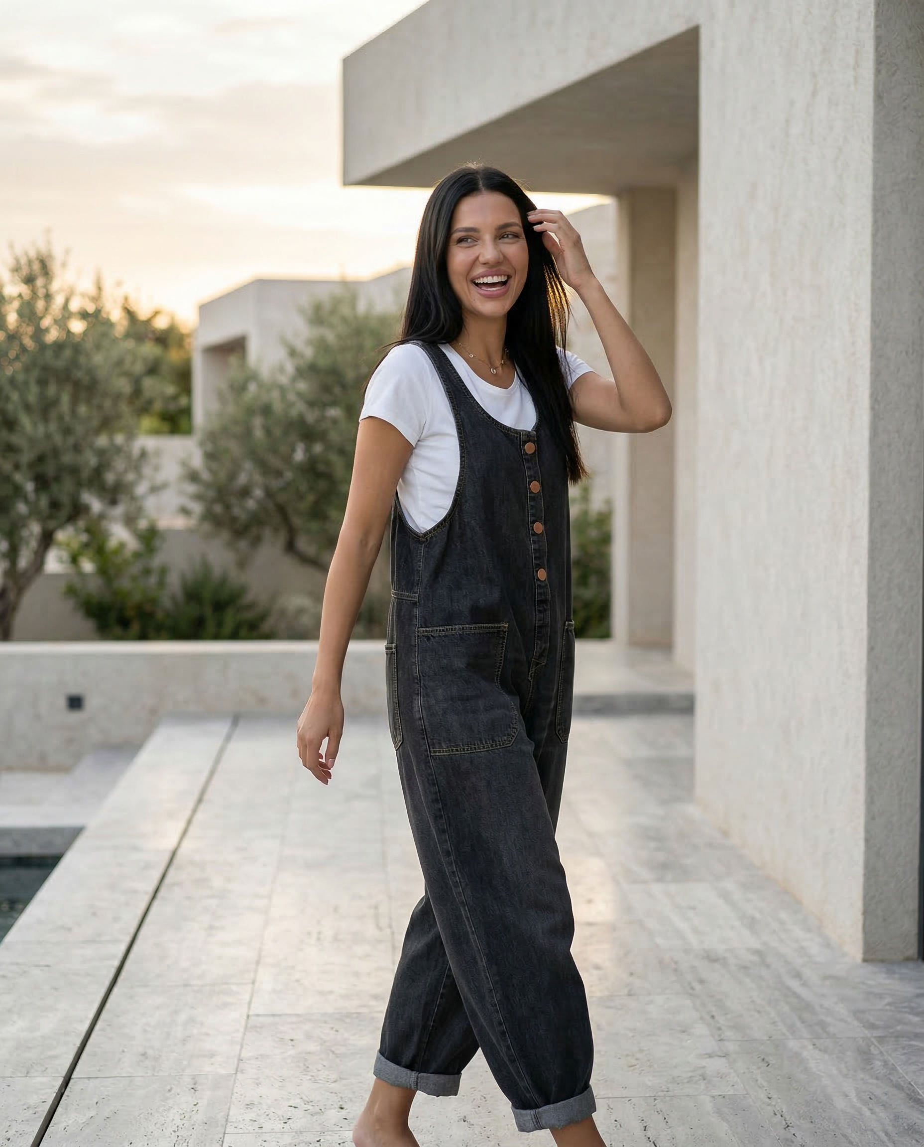 Women's Denim Jumpsuit Sleeveless with Button Front and Tapered Leg - 13