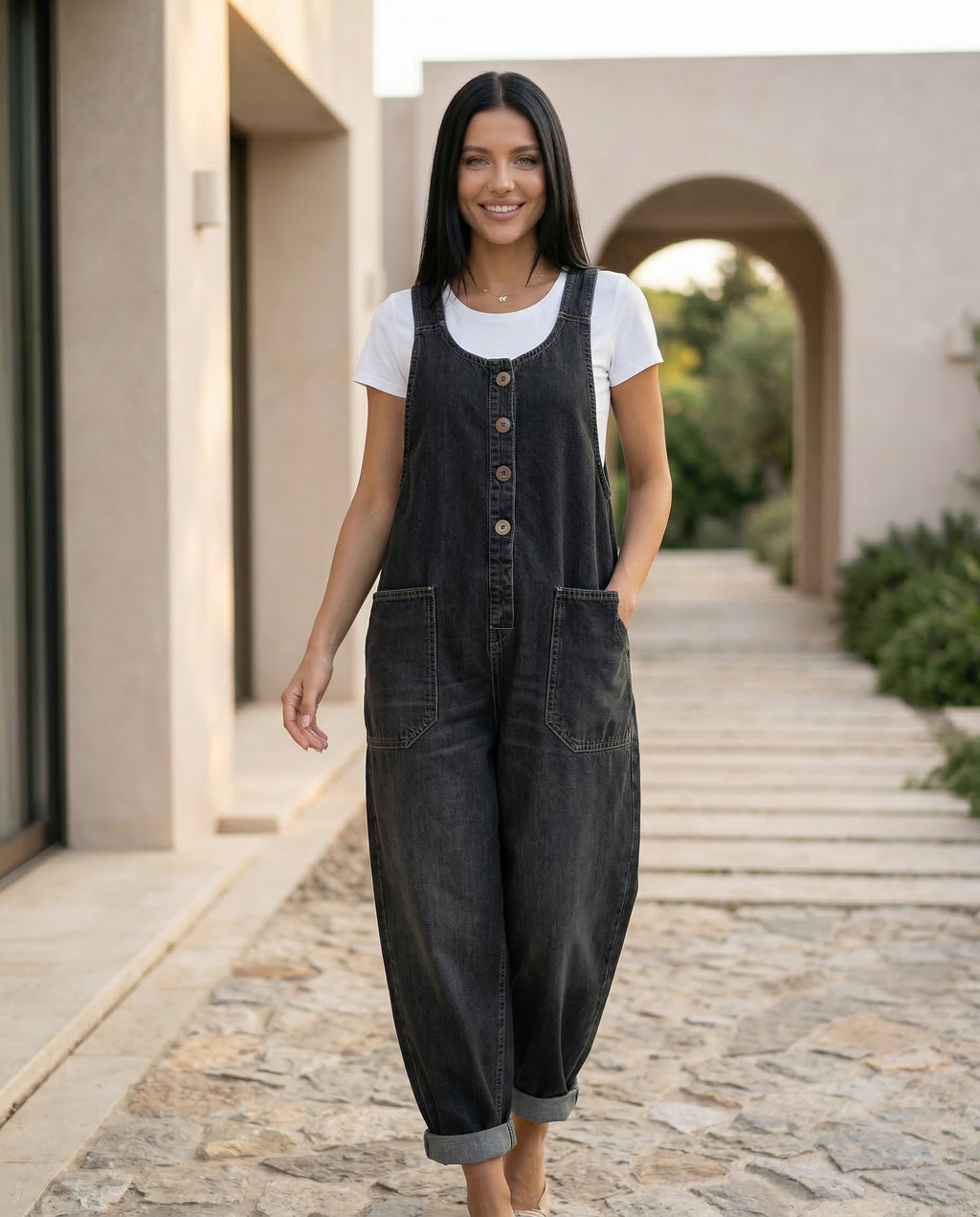 Women's Denim Jumpsuit Sleeveless with Button Front and Tapered Leg - 14
