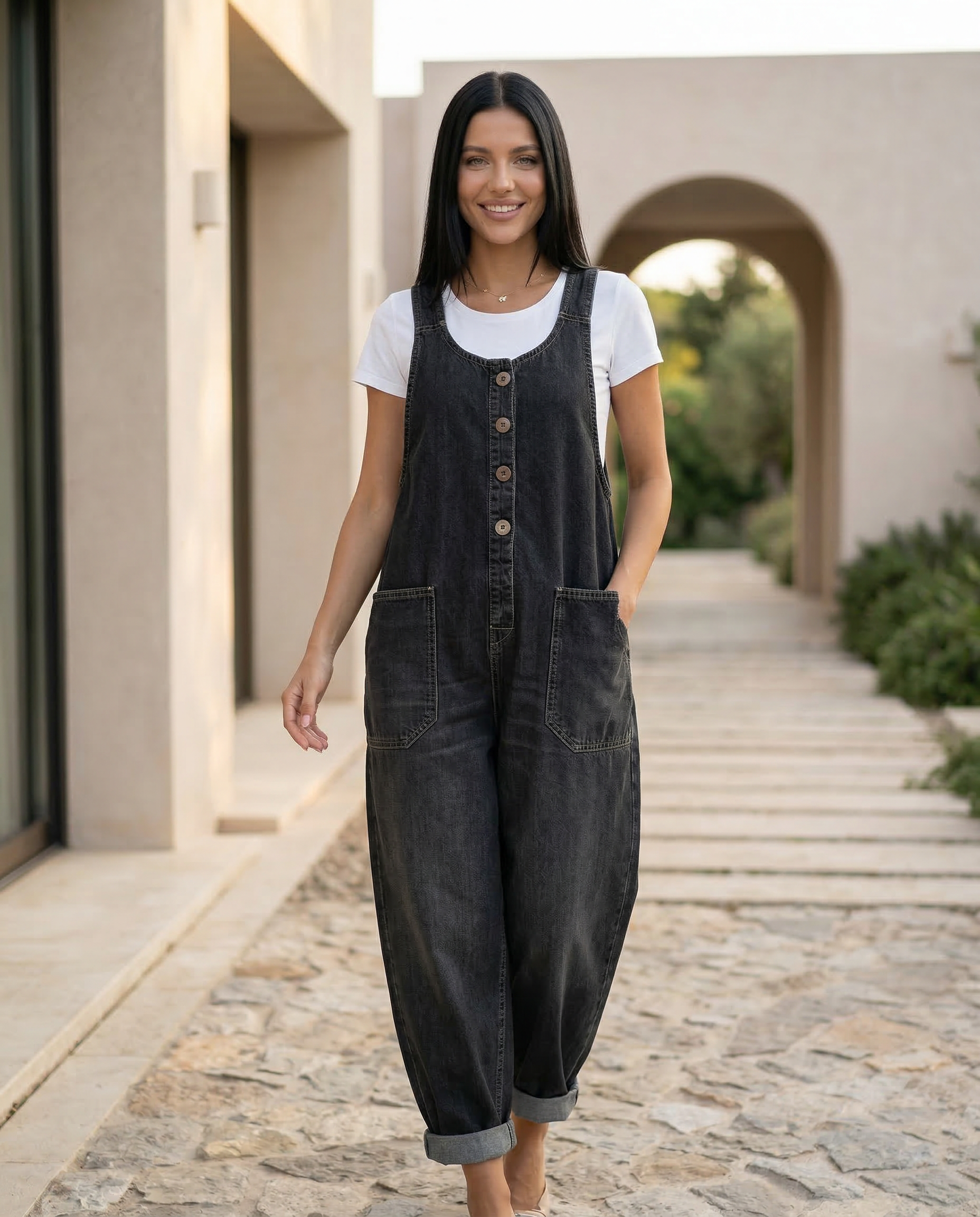 Women's Denim Jumpsuit Sleeveless with Button Front and Tapered Leg - 14