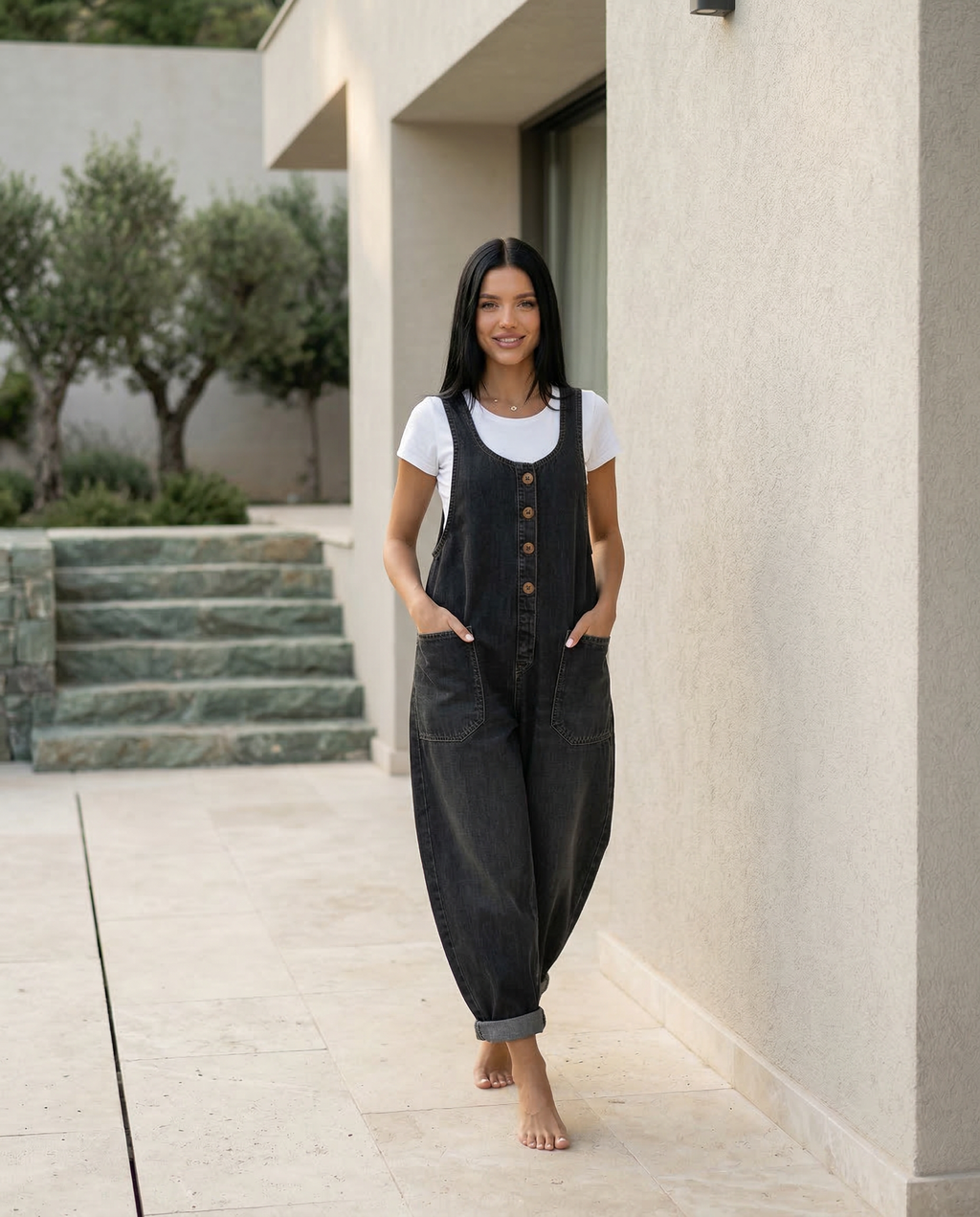 Women's Denim Jumpsuit Sleeveless with Button Front and Tapered Leg - 12