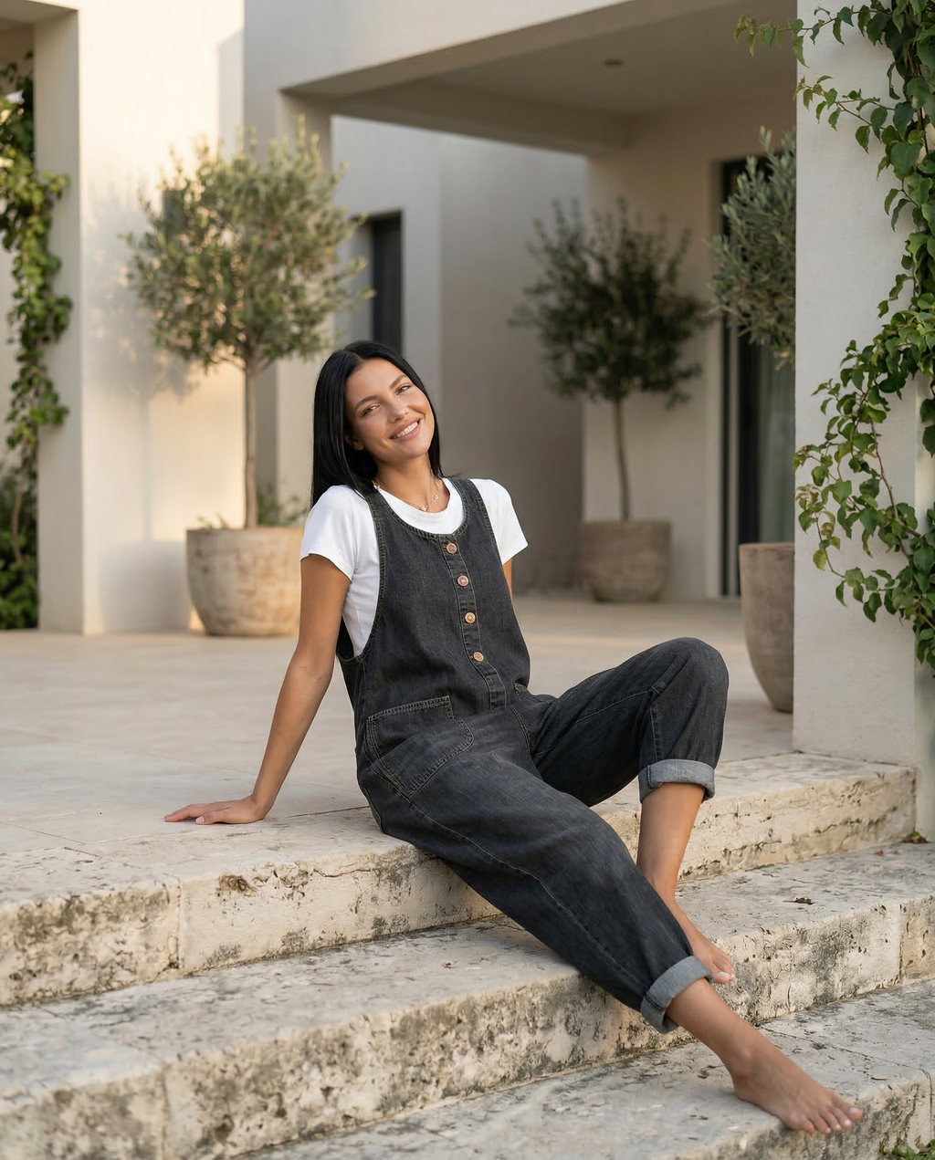 Women's Denim Jumpsuit Sleeveless with Button Front and Tapered Leg - 15