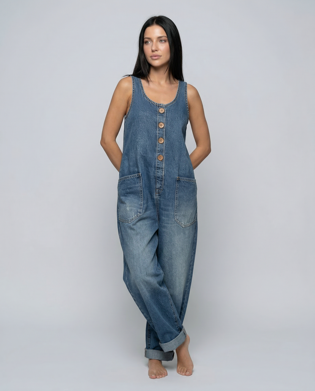 Women's Denim Jumpsuit Sleeveless with Button Front and Tapered Leg - Blue