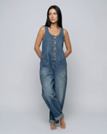 Women's Denim Jumpsuit Sleeveless with Button Front and Tapered Leg - Blue