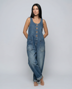Women's Denim Jumpsuit Sleeveless with Button Front and Tapered Leg - Blue