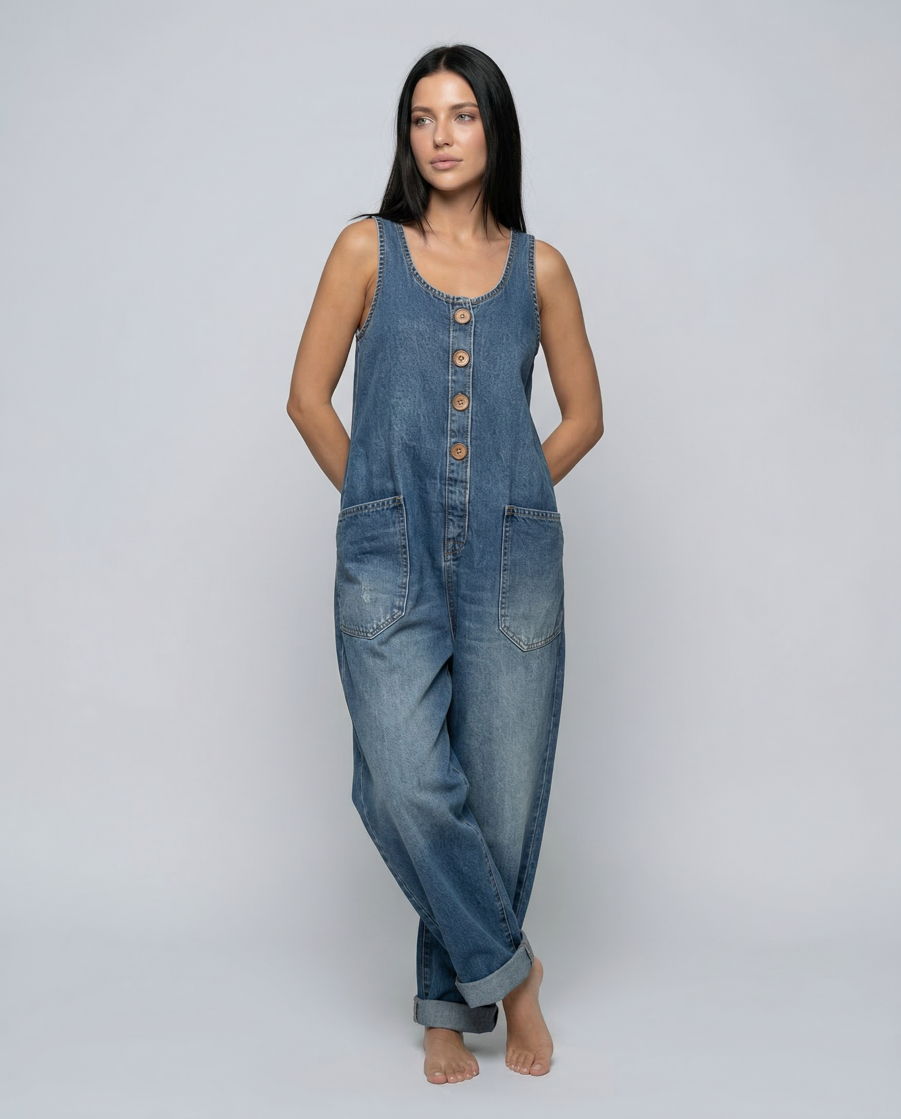 Women's Denim Jumpsuit Sleeveless with Button Front and Tapered Leg - Blue