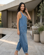 Women's Denim Jumpsuit Sleeveless with Button Front and Tapered Leg - Light Blue