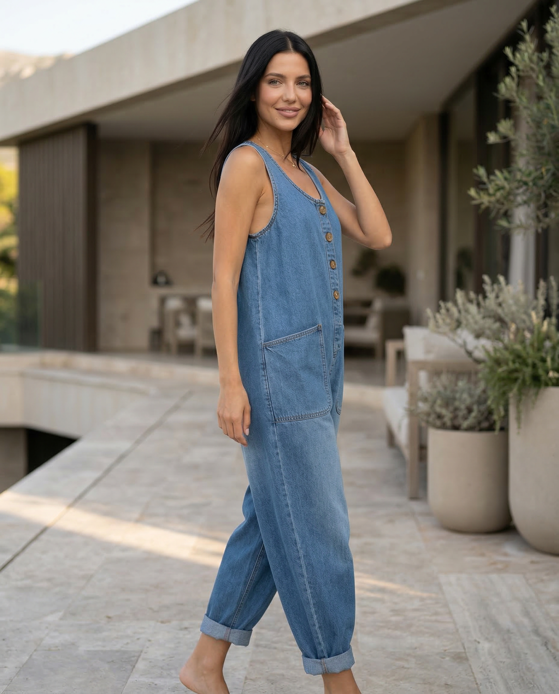 Women's Denim Jumpsuit Sleeveless with Button Front and Tapered Leg - Light Blue