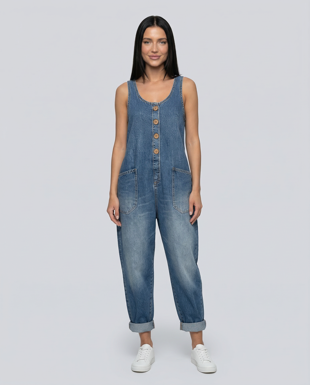 Women's Denim Jumpsuit Sleeveless with Button Front and Tapered Leg - 2