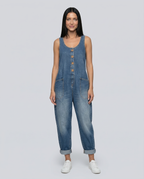 Women's Denim Jumpsuit Sleeveless with Button Front and Tapered Leg - 2