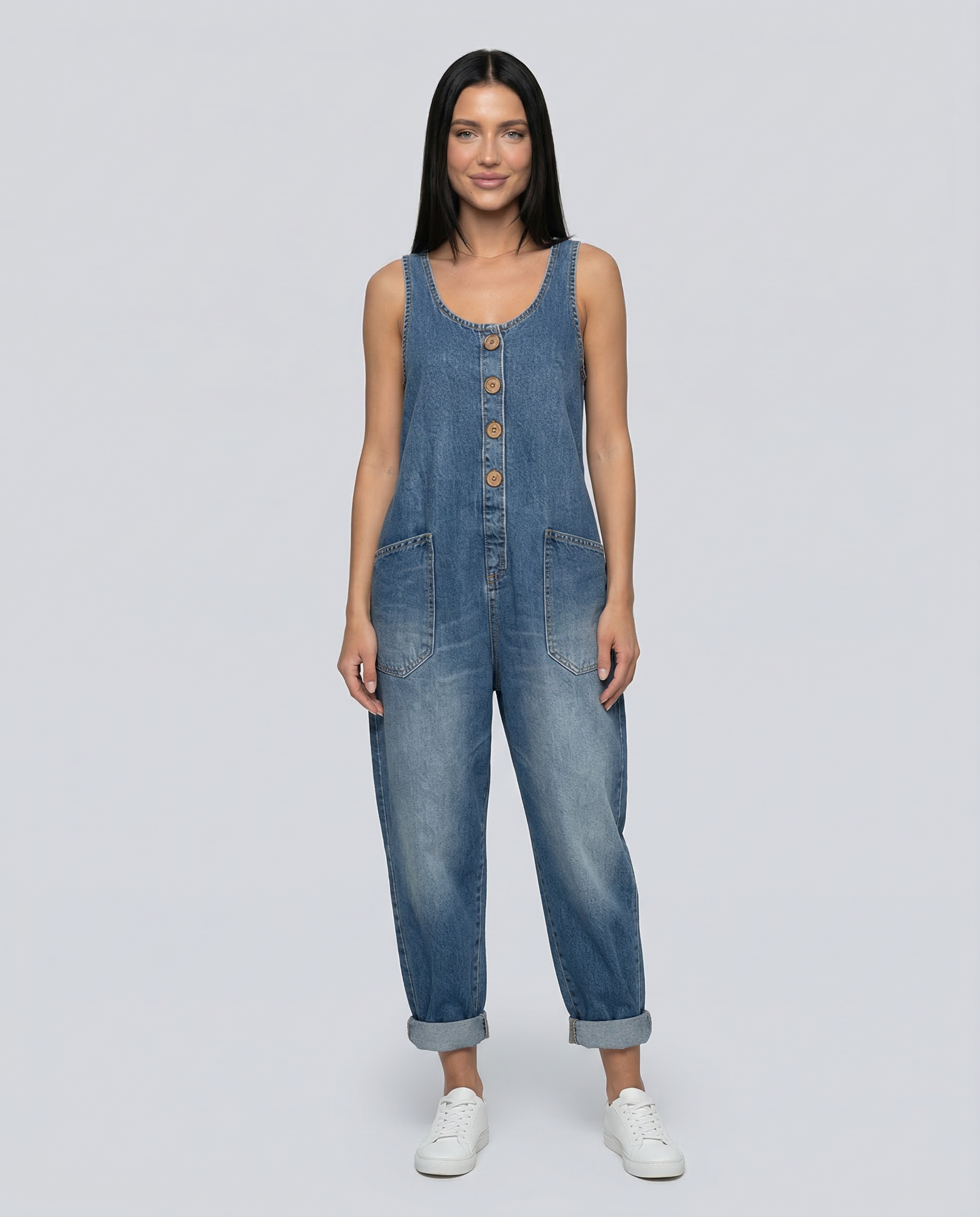 Women's Denim Jumpsuit Sleeveless with Button Front and Tapered Leg - 2