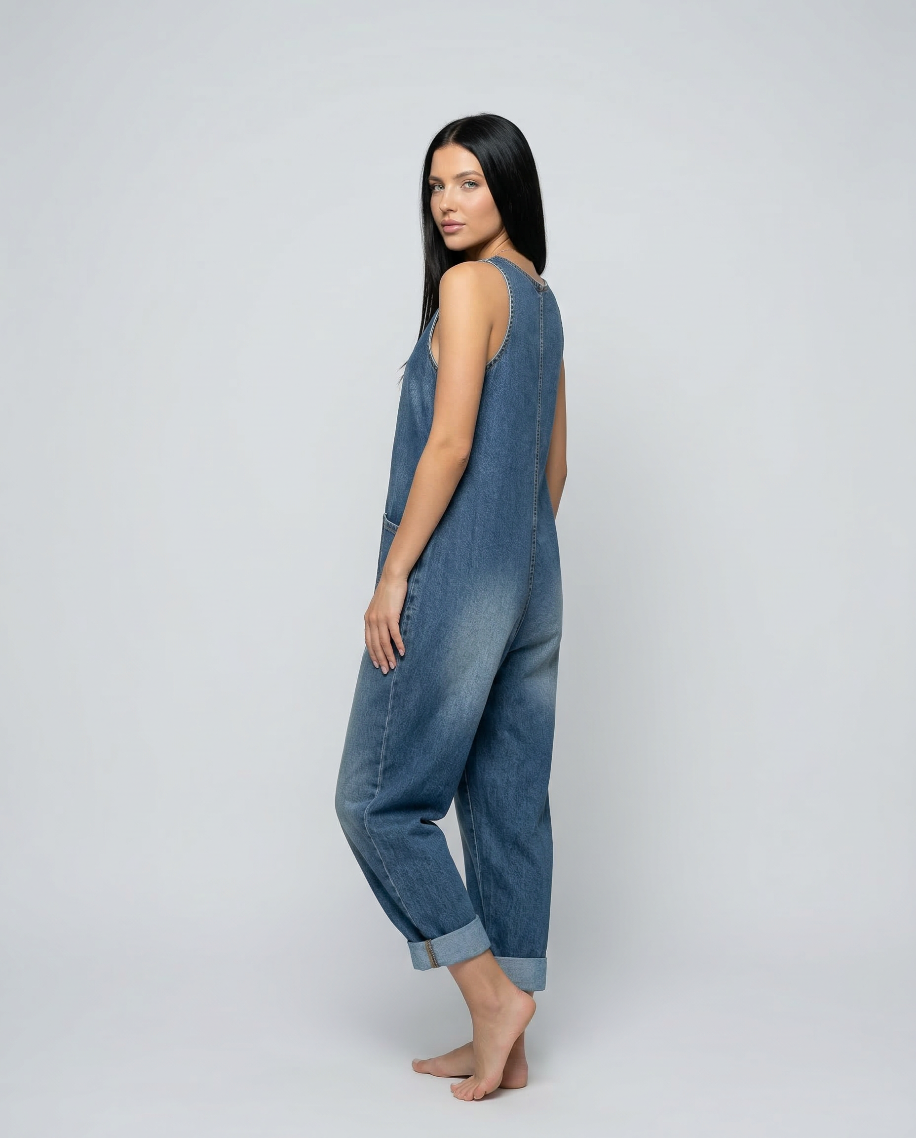 Women's Denim Jumpsuit Sleeveless with Button Front and Tapered Leg - 3