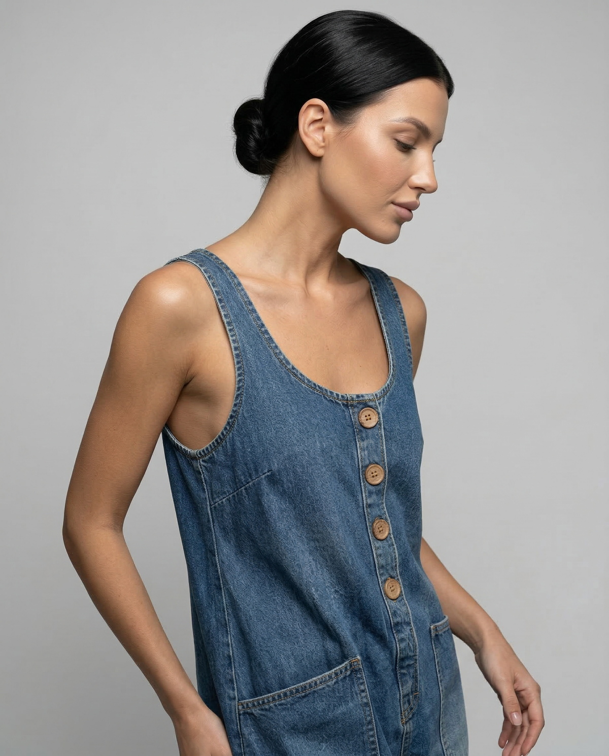 Women's Denim Jumpsuit Sleeveless with Button Front and Tapered Leg - 5
