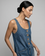 Women's Denim Jumpsuit Sleeveless with Button Front and Tapered Leg - 5