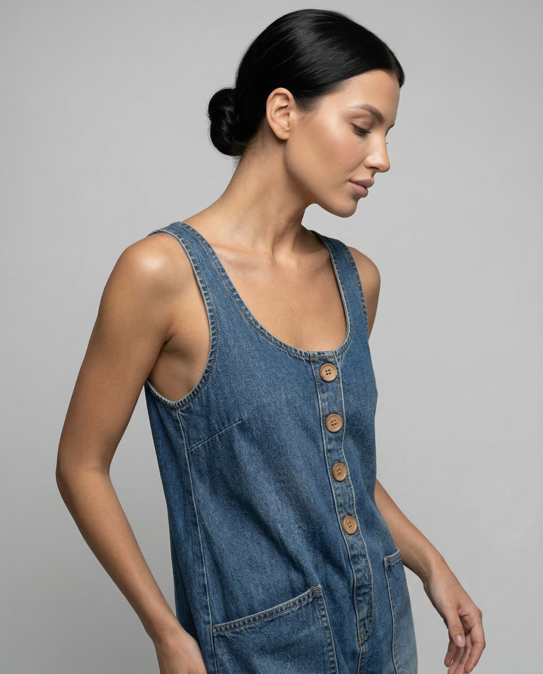 Women's Denim Jumpsuit Sleeveless with Button Front and Tapered Leg - 5