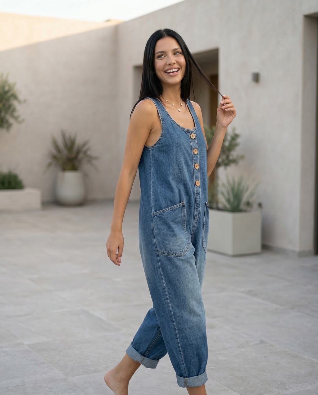 Women's Denim Jumpsuit Sleeveless with Button Front and Tapered Leg - 6