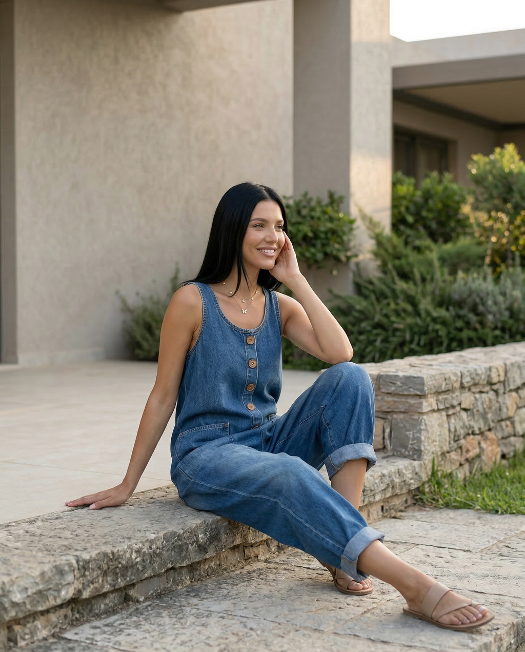 Women's Denim Jumpsuit Sleeveless with Button Front and Tapered Leg - 8