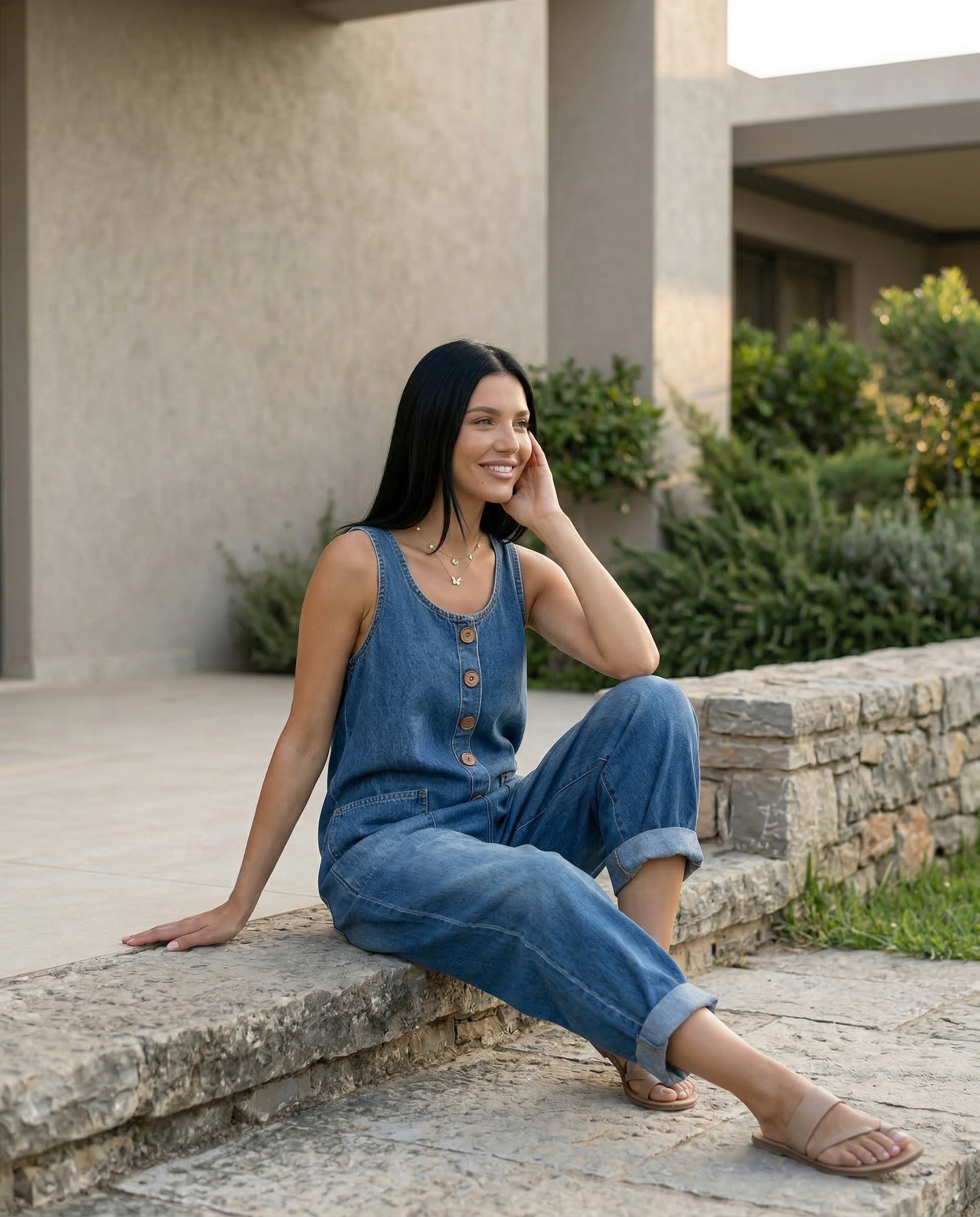 Women's Denim Jumpsuit Sleeveless with Button Front and Tapered Leg - 8