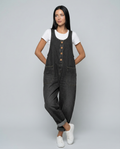 Women's Denim Jumpsuit Sleeveless with Button Front and Tapered Leg - Black