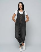 Women's Denim Jumpsuit Sleeveless with Button Front and Tapered Leg - Black