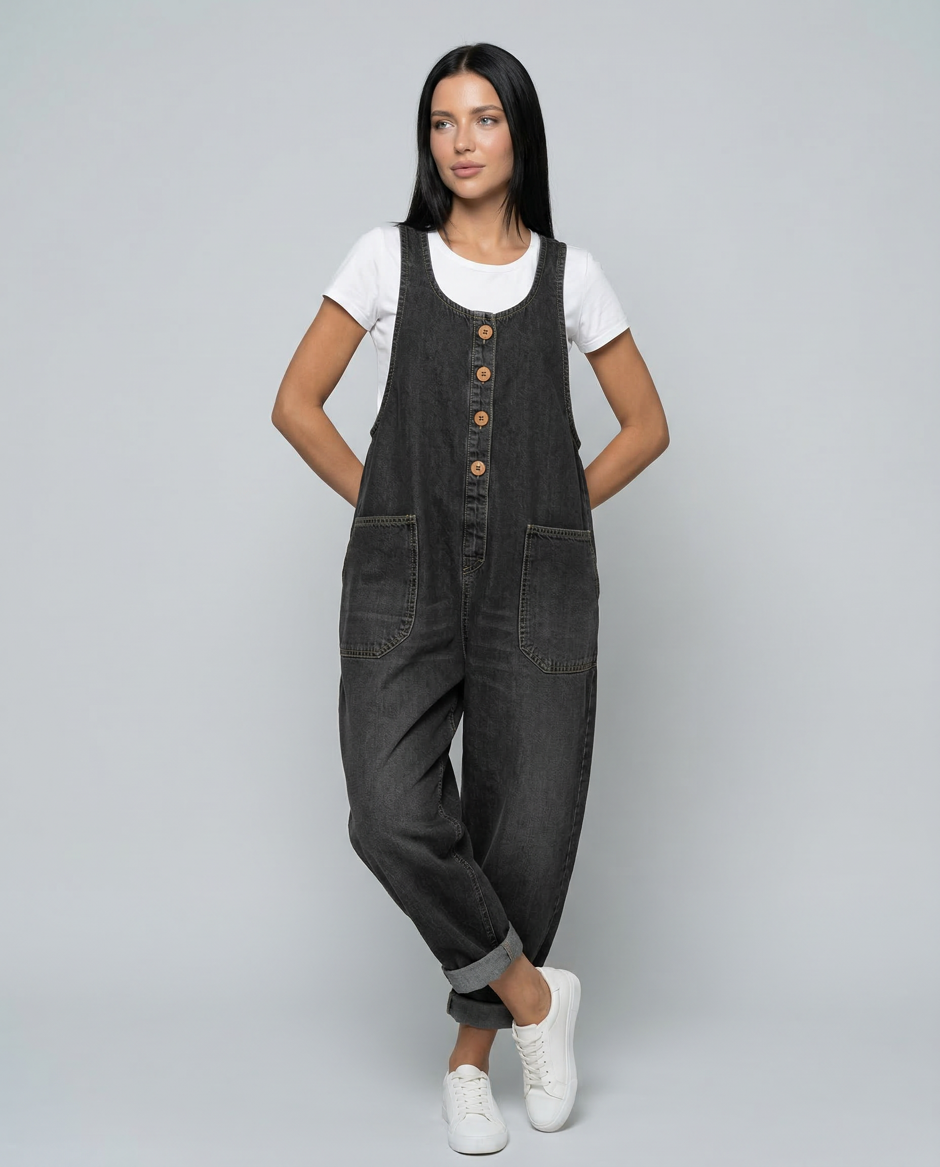 Women's Denim Jumpsuit Sleeveless with Button Front and Tapered Leg - Black