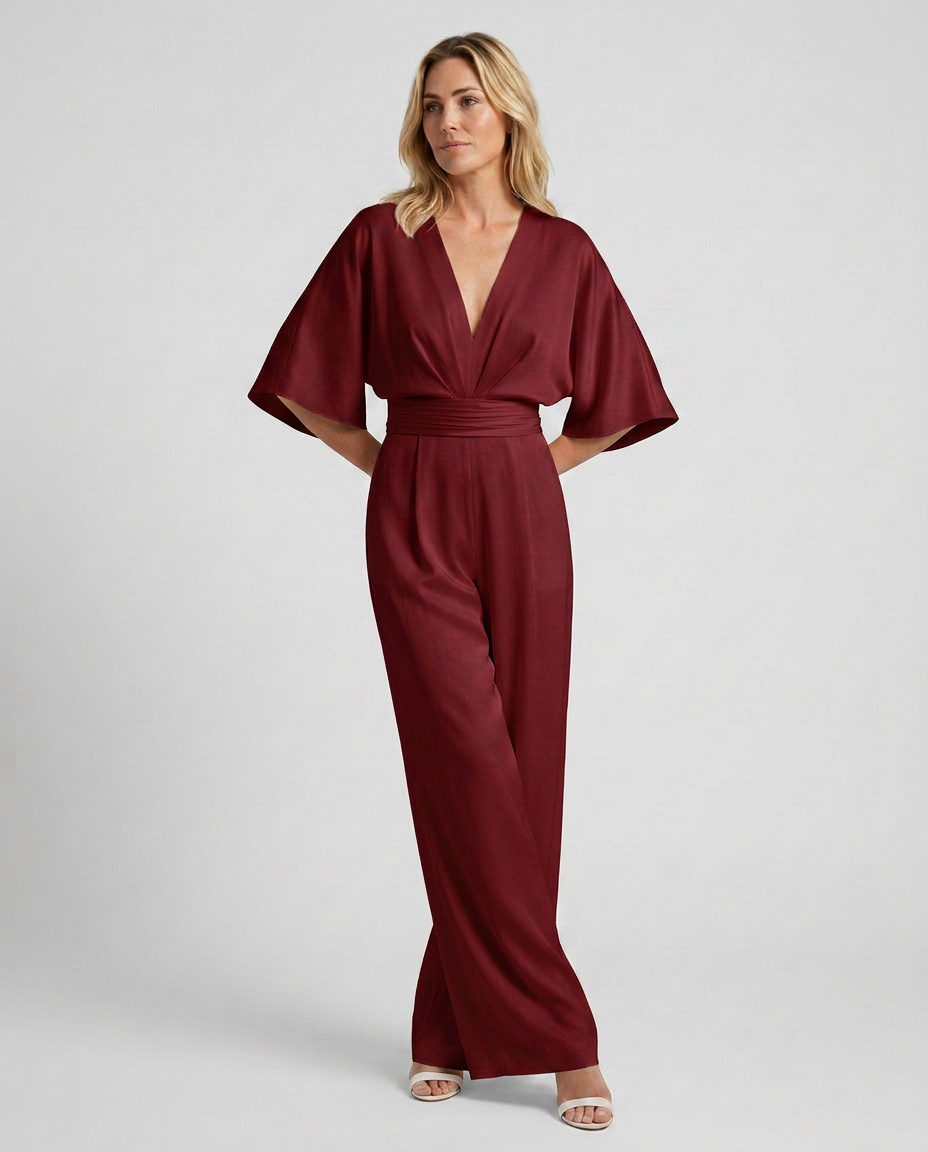 Women's Wide-Leg Jumpsuit with V-Neckline and Flutter Sleeves - Wine Red