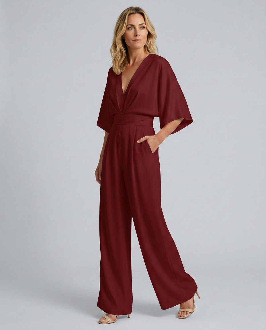 Women's Wide-Leg Jumpsuit with V-Neckline and Flutter Sleeves - 14