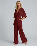 Women's Wide-Leg Jumpsuit with V-Neckline and Flutter Sleeves - 14