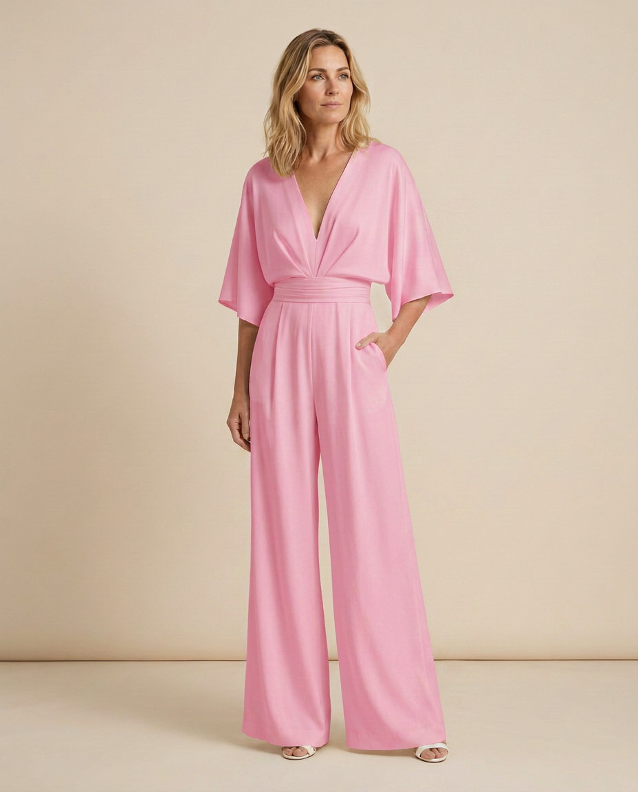 Women's Wide-Leg Jumpsuit with V-Neckline and Flutter Sleeves - 18