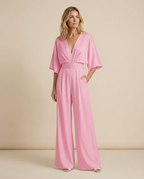 Women's Wide-Leg Jumpsuit with V-Neckline and Flutter Sleeves - 18