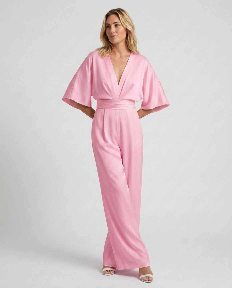 Women's Wide-Leg Jumpsuit with V-Neckline and Flutter Sleeves - Pink