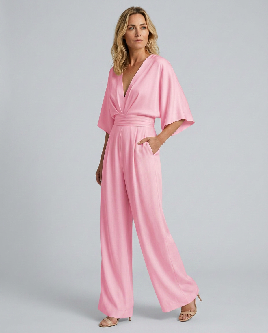 Women's Wide-Leg Jumpsuit with V-Neckline and Flutter Sleeves - 17