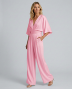 Women's Wide-Leg Jumpsuit with V-Neckline and Flutter Sleeves - 17