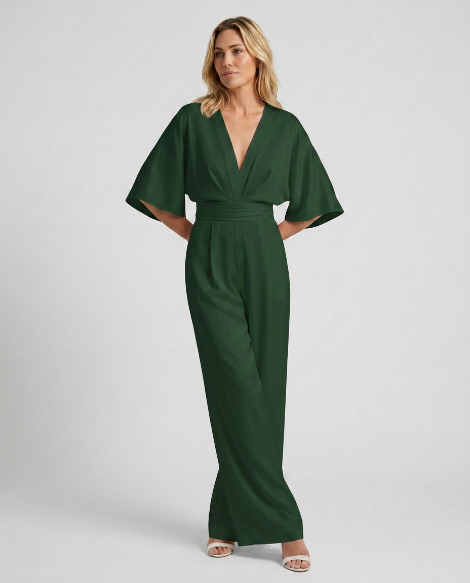 Women's Wide-Leg Jumpsuit with V-Neckline and Flutter Sleeves - Green