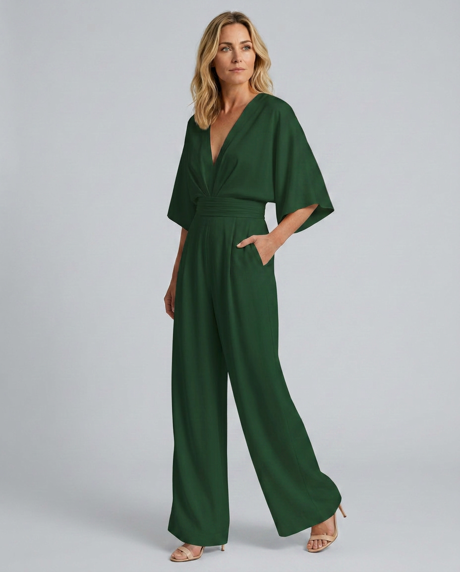 Women's Wide-Leg Jumpsuit with V-Neckline and Flutter Sleeves - 20