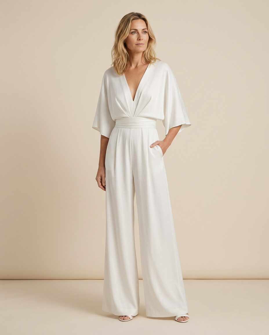 Women's Wide-Leg Jumpsuit with V-Neckline and Flutter Sleeves - 4